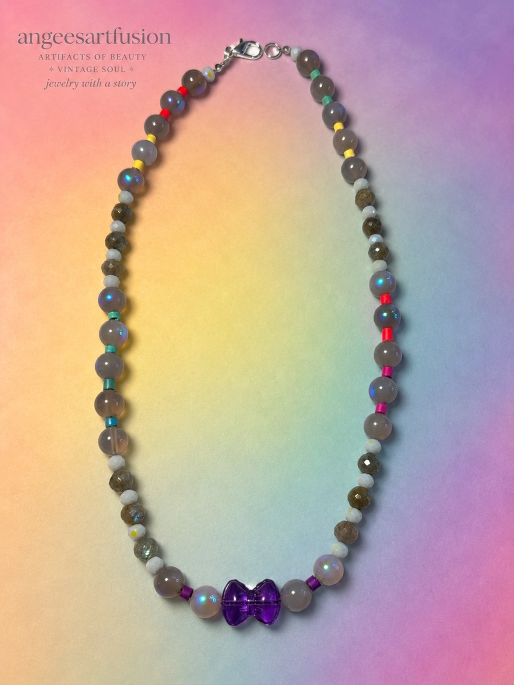 Aura Costed Grey Agate & Faceted Labradorite with Purple Glass Bow Necklace 20”
